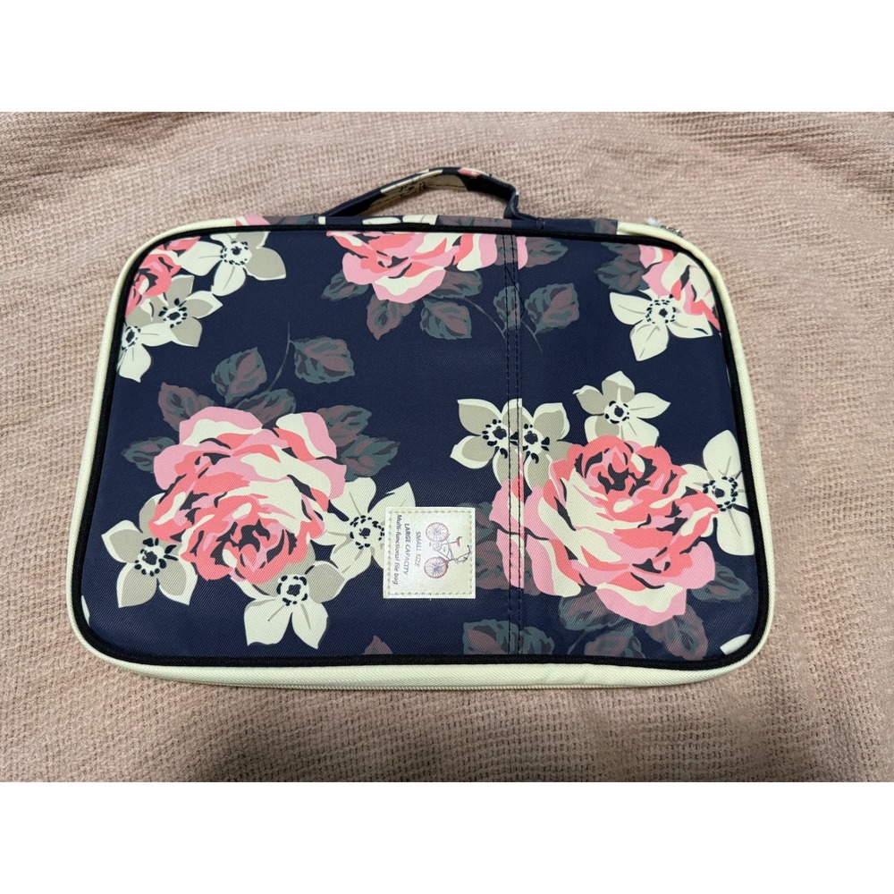 Floral Multi-Functional File Bag Document Organizer Navy Pink Rose Travel Case - Picture 1 of 10